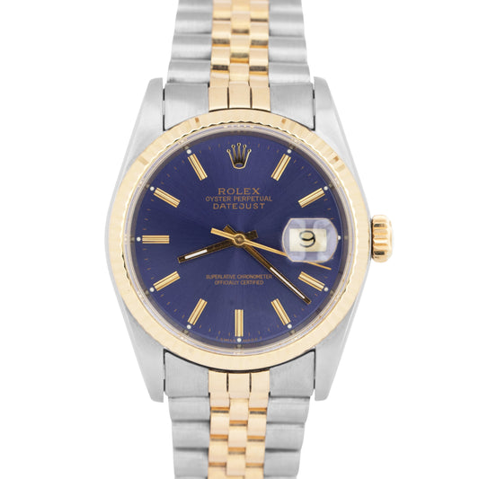 MINT Rolex DateJust 36mm BLUE Two-Tone 18K Yellow Gold Steel JUBILEE Watch 16233