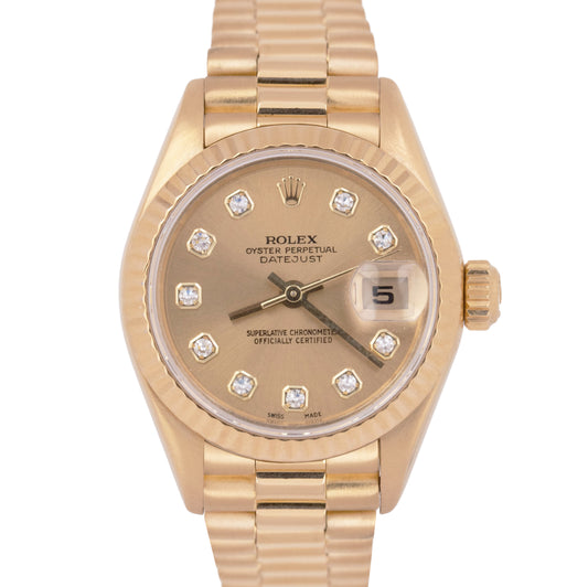 MINT Ladies Rolex DateJust President 26mm Diamond Champagne 18K Gold 69178 Watch