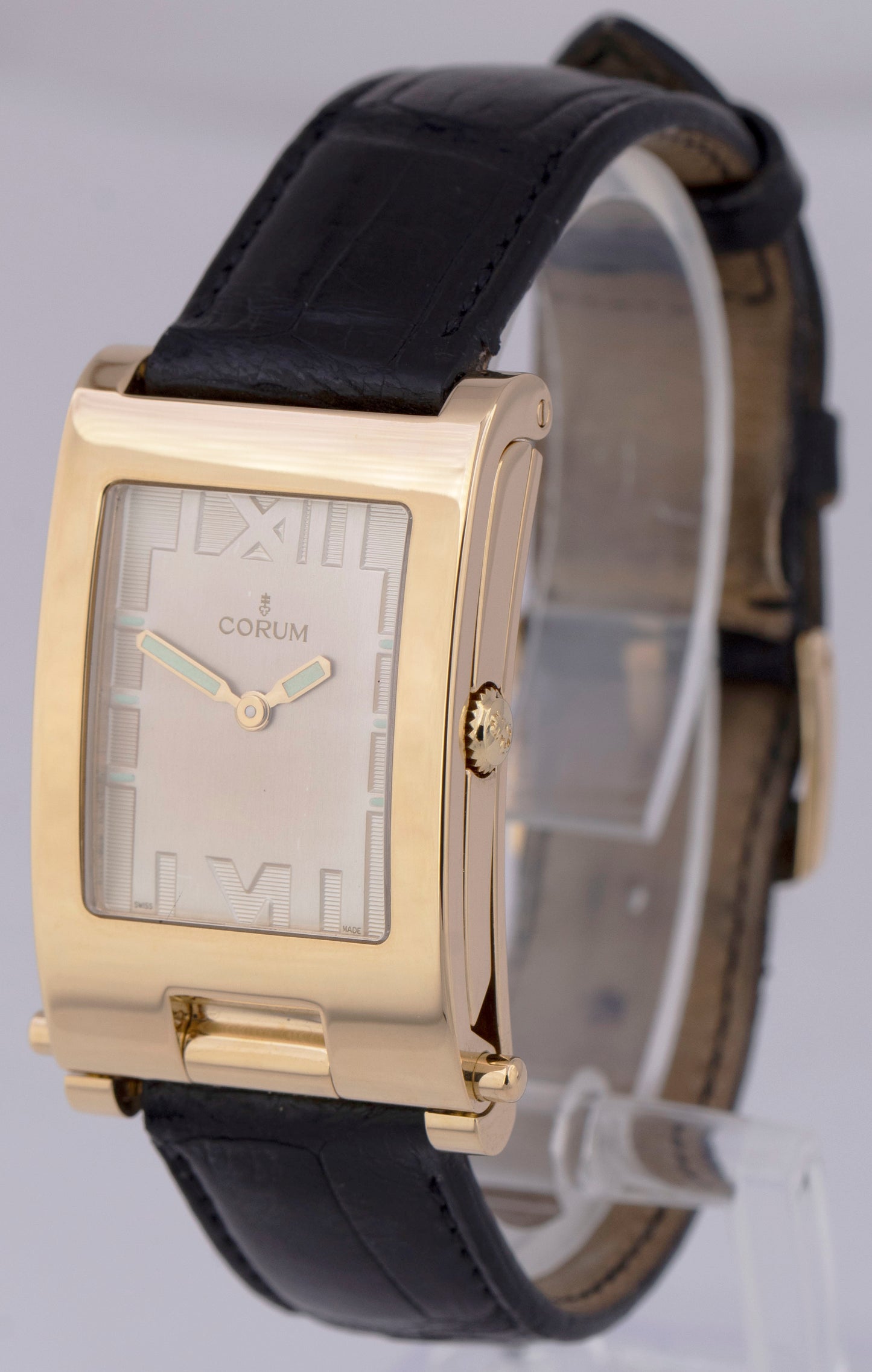 MINT Corum Tabogan 18K Yellow Gold Quartz Silver Dial 64.151.56 Flip-Up Watch