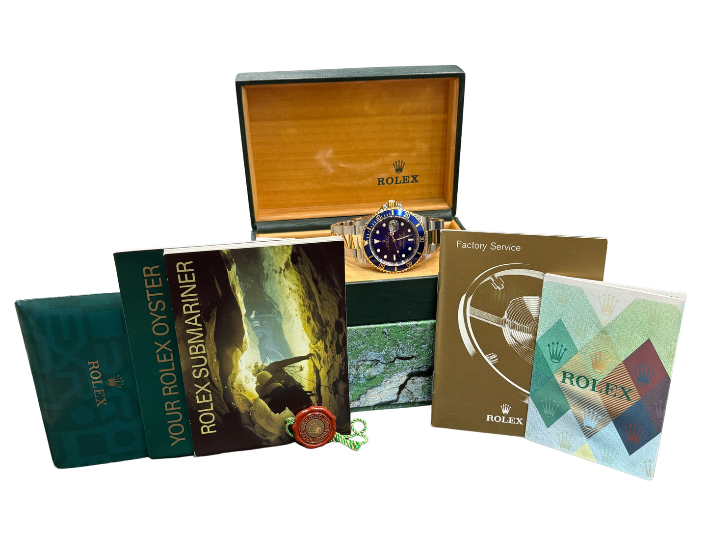 PAPERS Rolex Submariner 40mm Blue NO-HOLE 18K Yellow GOLD BUCKLE Watch 16613 BOX