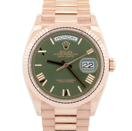 2025 PAPERS Rolex Day-Date President OLIVE ROMAN 36mm Rose Gold 128235 Watch BOX