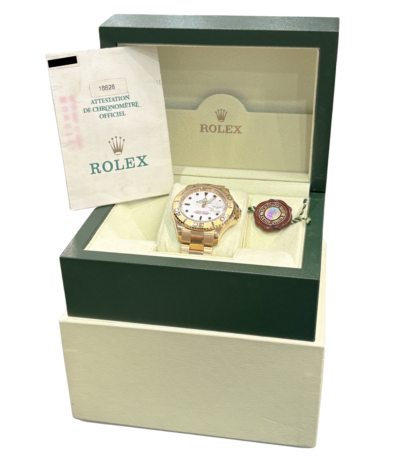PAPERS Rolex Yacht-Master 40mm White NO-HOLES 18K Yellow Gold 16628 Watch BOX