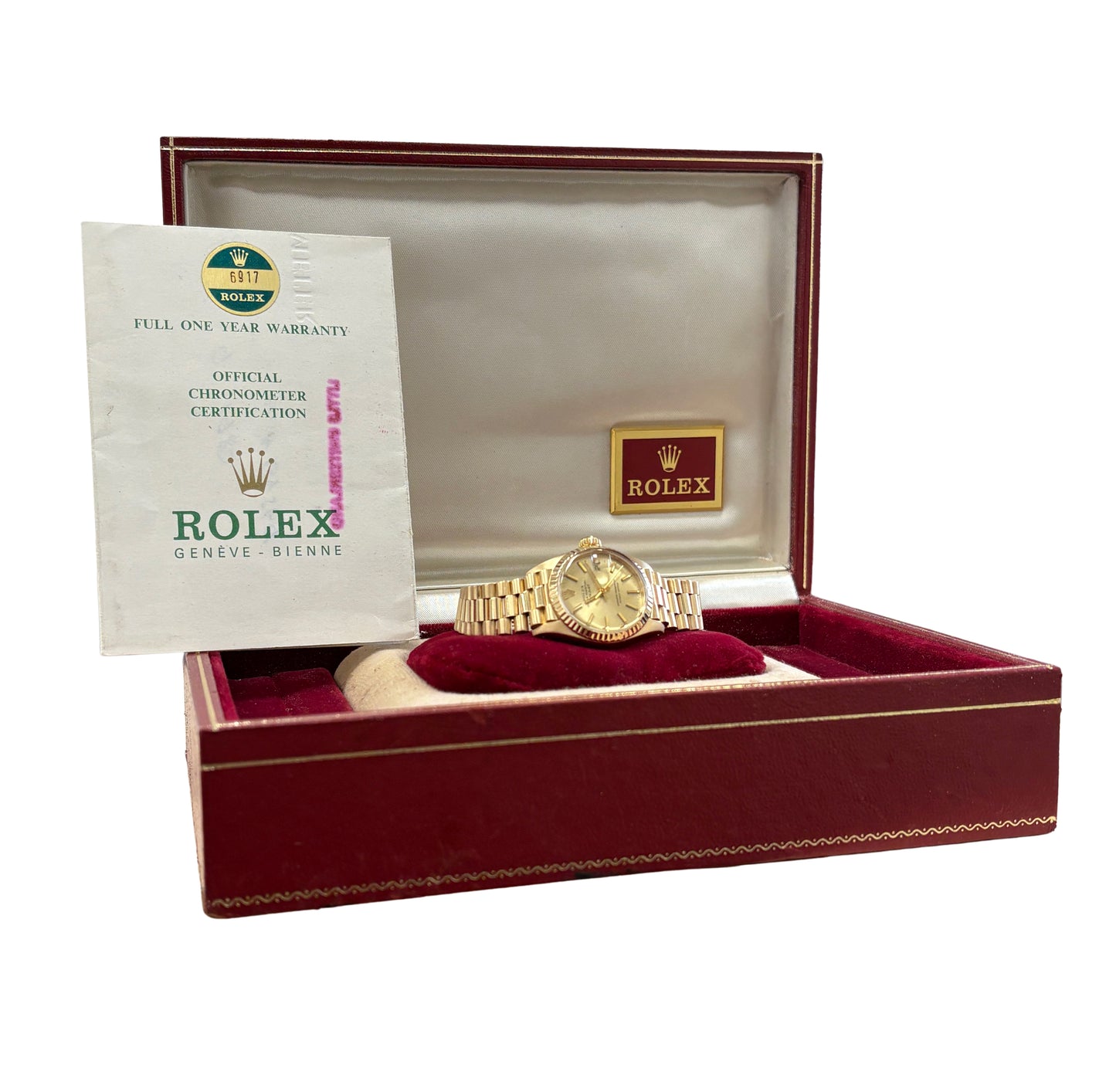 PAPERS Ladies Rolex DateJust President 26mm Champagne 18K Gold 6917 Watch BOX