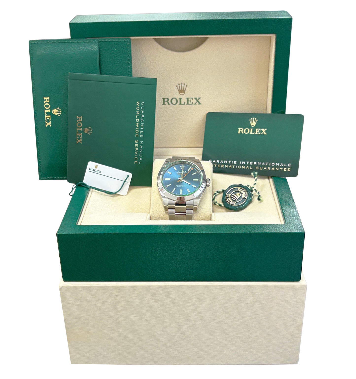 2022 PAPERS Rolex Milgauss BLUE 40mm Z-Blue Green 116400 GV Stainless Watch BOX