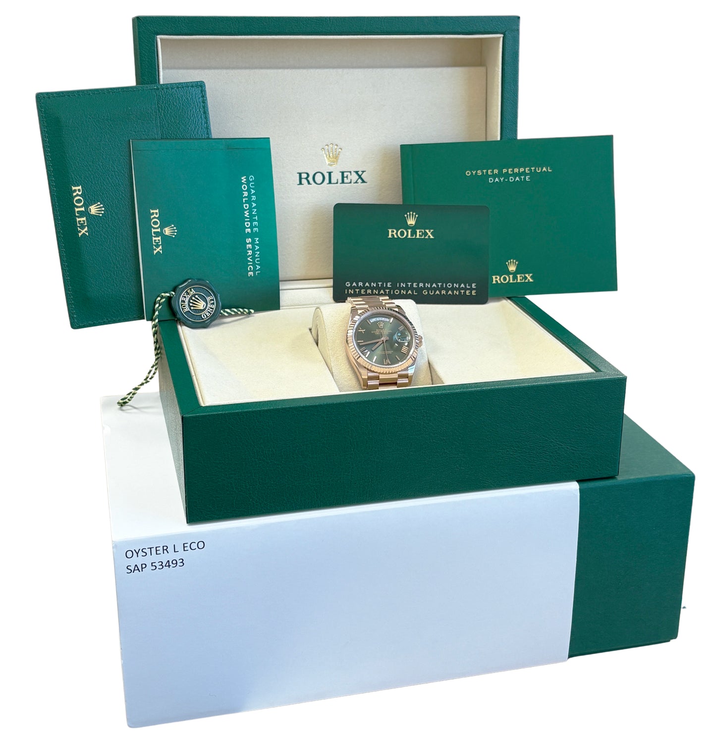 2025 PAPERS Rolex Day-Date President OLIVE ROMAN 36mm Rose Gold 128235 Watch BOX