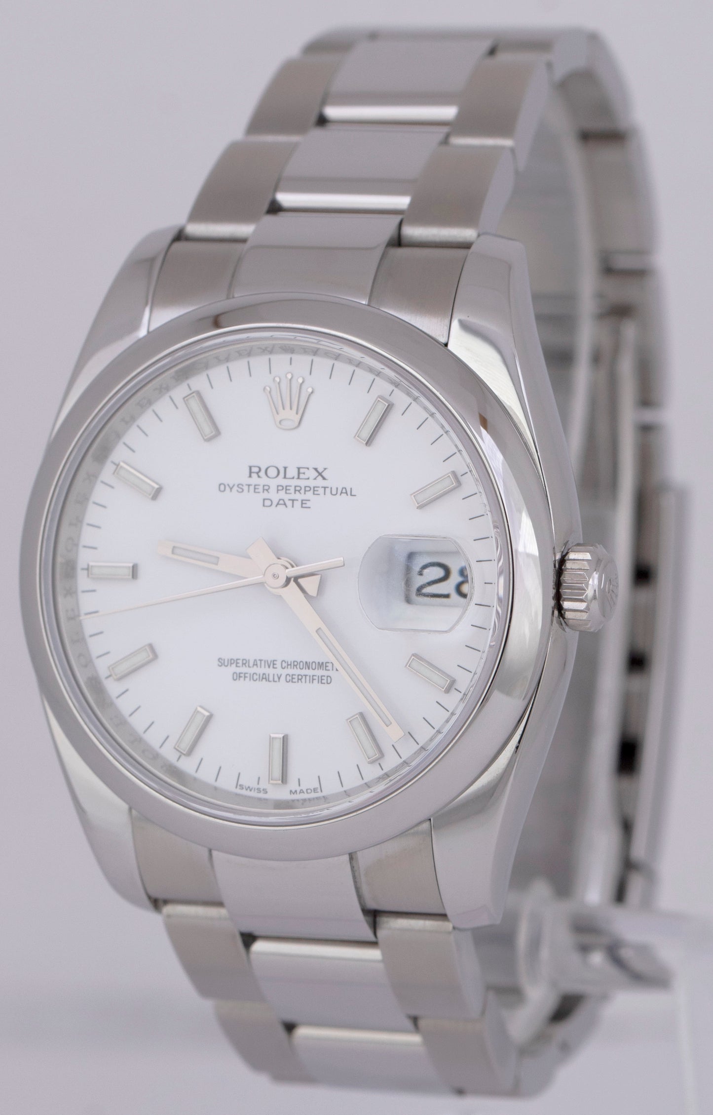 MINT 2023 RSC Rolex Oyster Perpetual Date PAPERS 34mm White 115200 Watch B+P