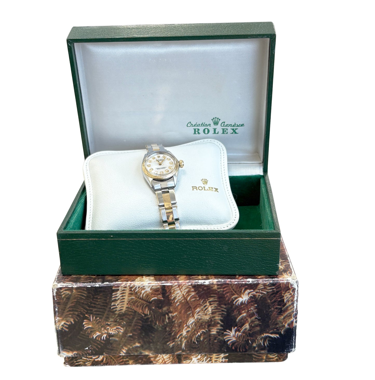 Ladies Rolex Oyster Perpetual 26mm Mother of Pearl Diamond Fluted Gold 6619 BOX