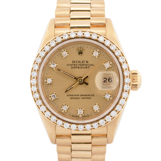 Ladies Rolex DateJust President CHAMPAGNE DIAMOND 18K Yellow Gold 26mm 69178