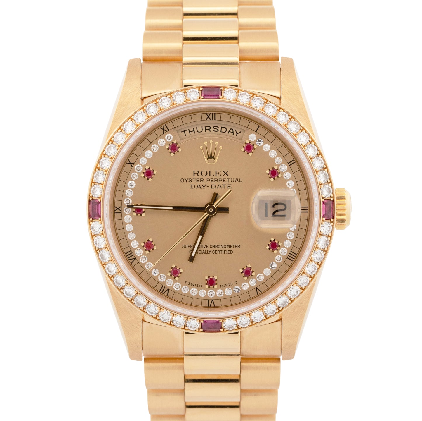 RARE PAPERS Rolex Day-Date FACTORY RUBY DIAMOND String 18K Gold 36mm 18378 BOX