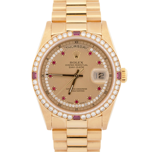 RARE PAPERS Rolex Day-Date FACTORY RUBY DIAMOND String 18K Gold 36mm 18378 BOX