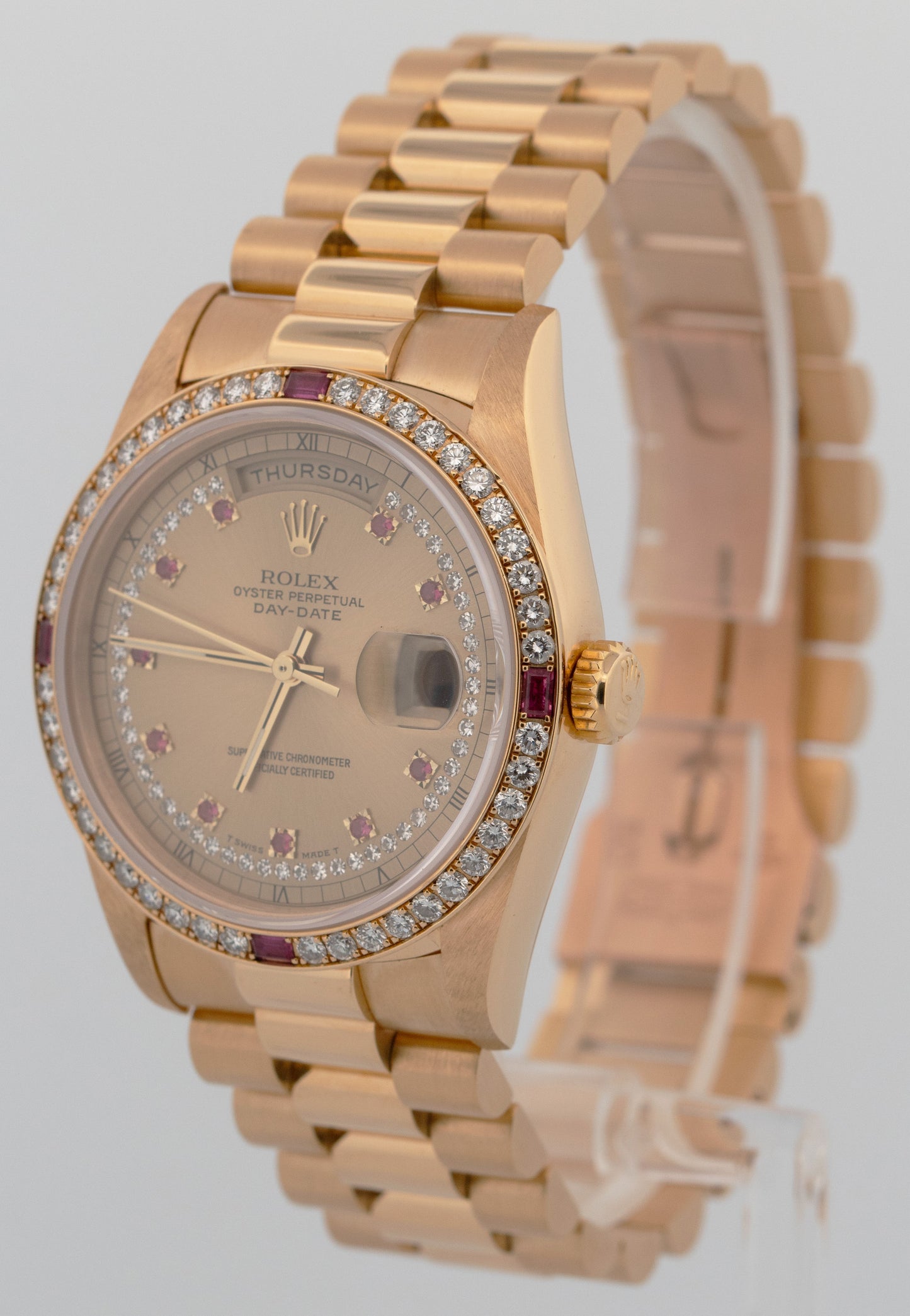 RARE PAPERS Rolex Day-Date FACTORY RUBY DIAMOND String 18K Gold 36mm 18378 BOX