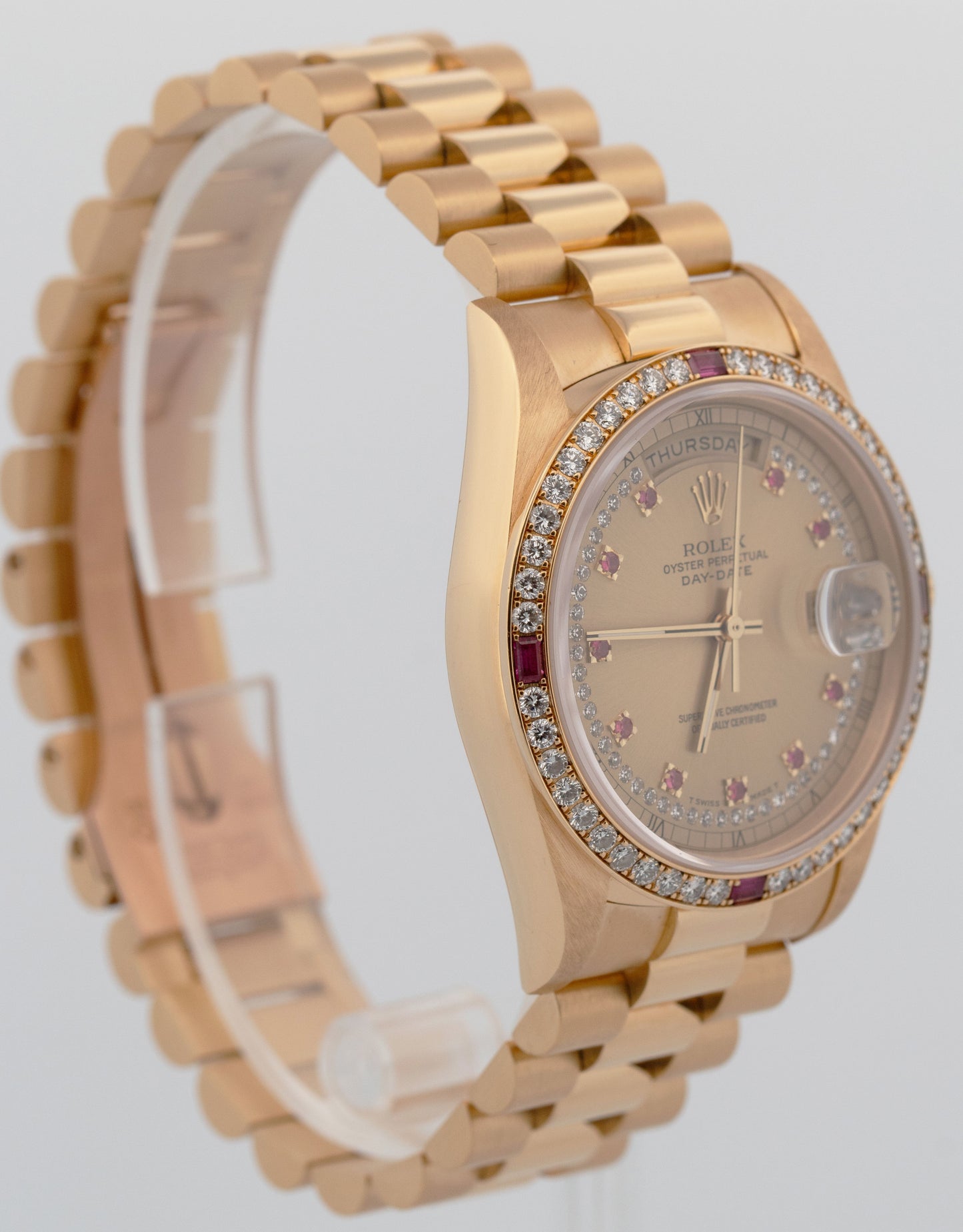 RARE PAPERS Rolex Day-Date FACTORY RUBY DIAMOND String 18K Gold 36mm 18378 BOX