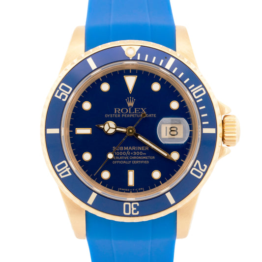 MINT PAPERS Rolex Submariner Date BLUE 18K Yellow Gold 40mm 16808 Watch BOX