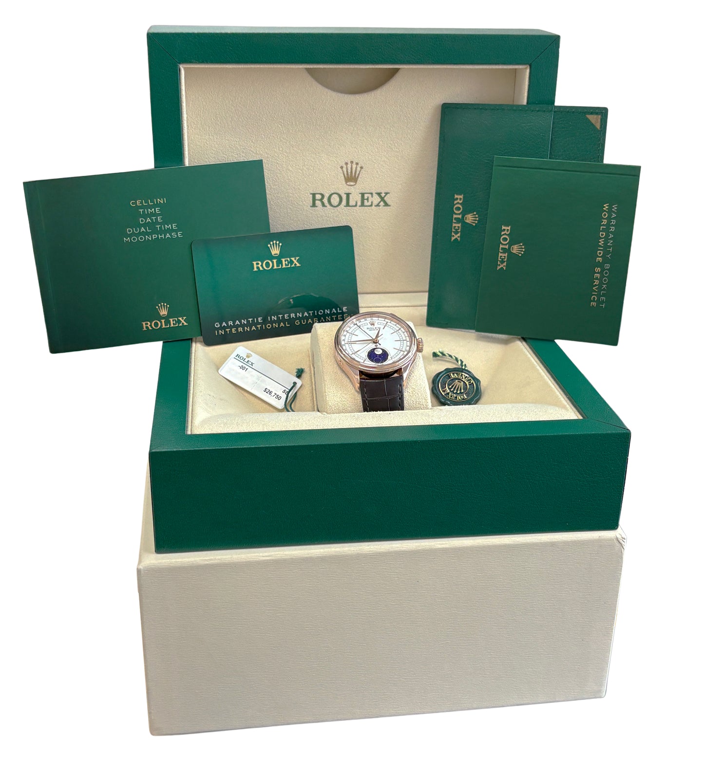 2021 PAPERS Rolex Cellini Moonphase WHITE 18K Everose Gold 39mm 50535 Watch BOX