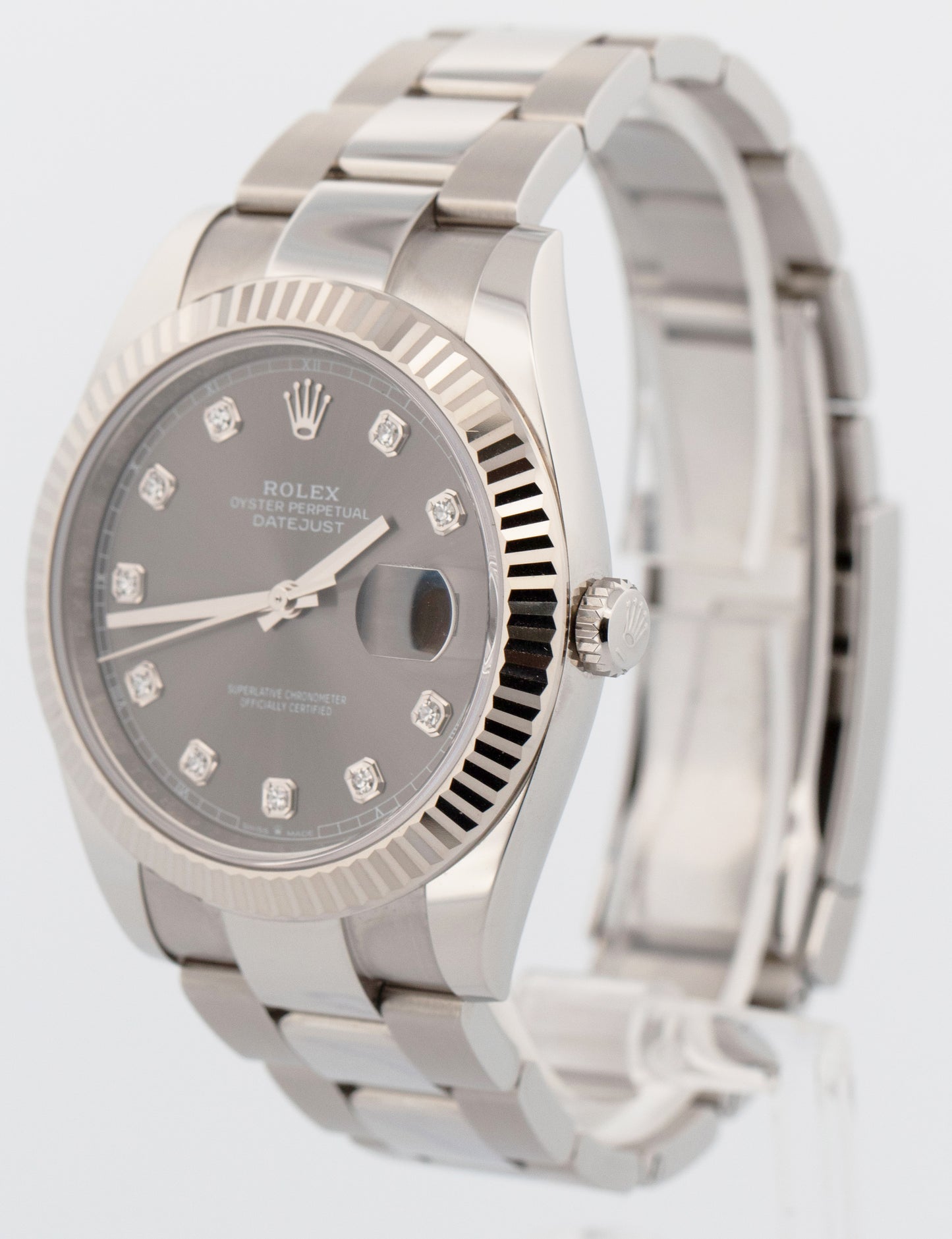 PAPERS Rolex DateJust 41mm RHODIUM DIAMOND Oyster 18K Fluted 126334 Watch BOX