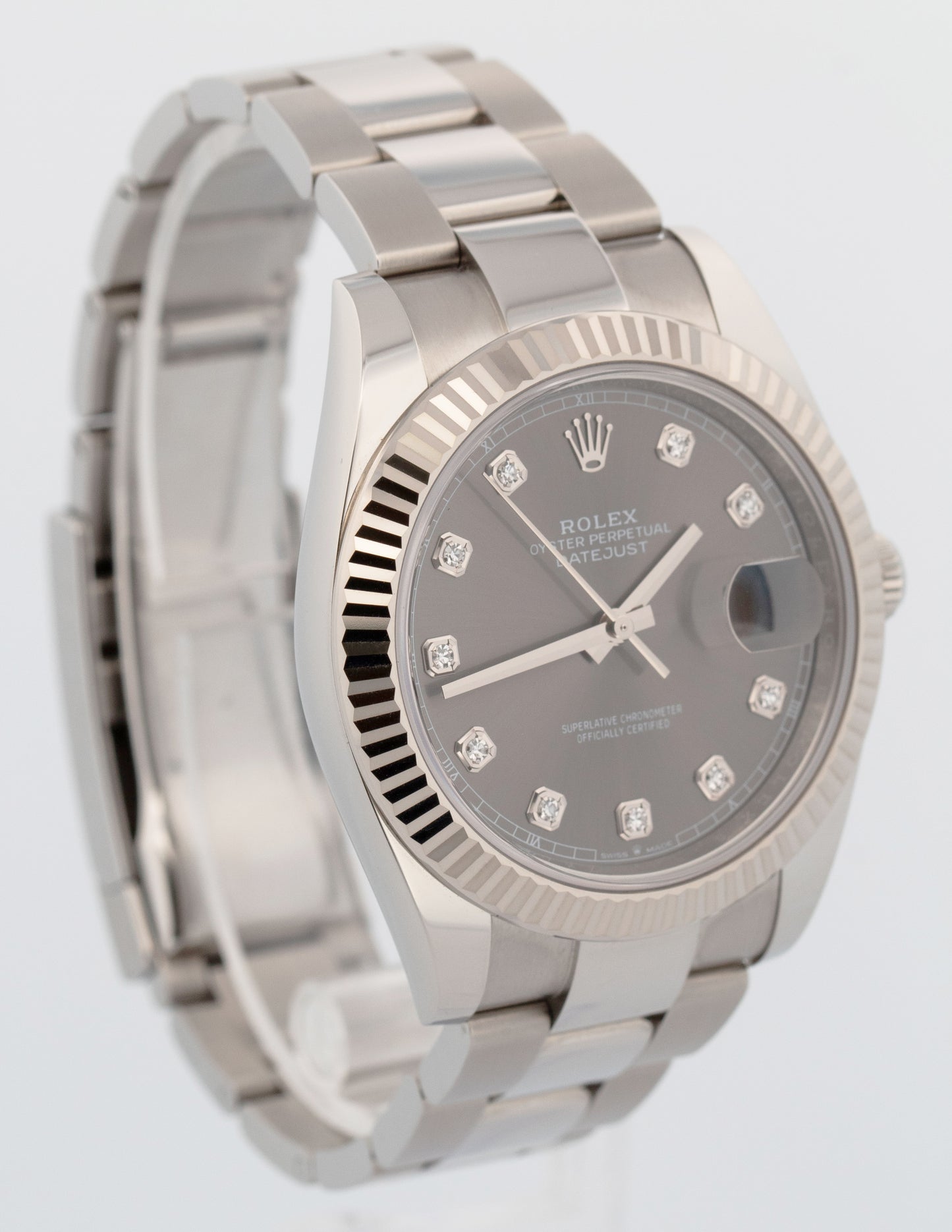 PAPERS Rolex DateJust 41mm RHODIUM DIAMOND Oyster 18K Fluted 126334 Watch BOX