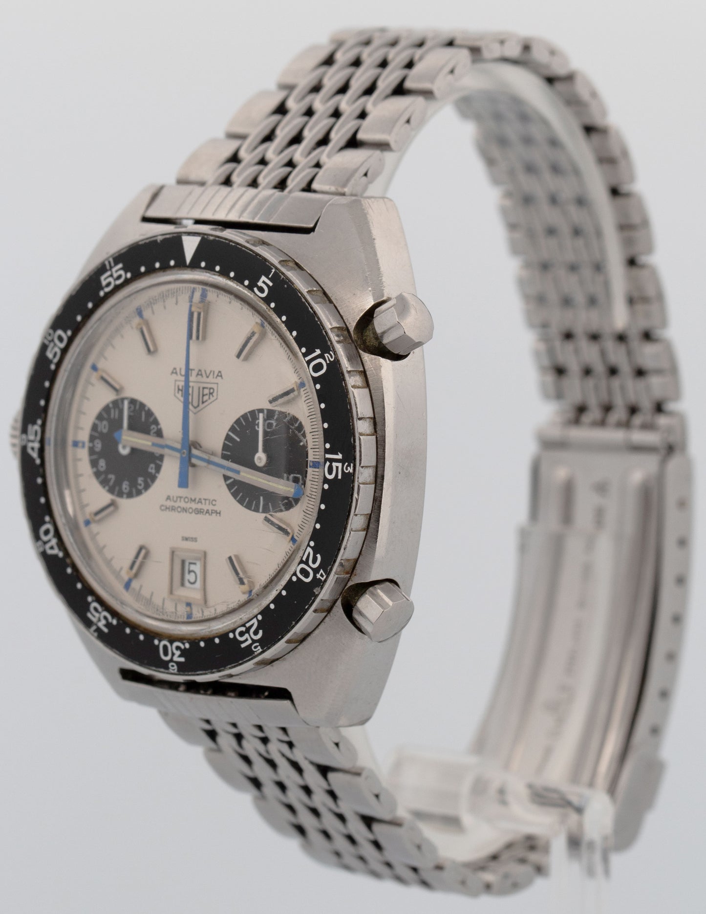 RARE 1971 Vintage Heuer Autavia Jo Siffert White Chronograph 42mm Steel 1163 B+P