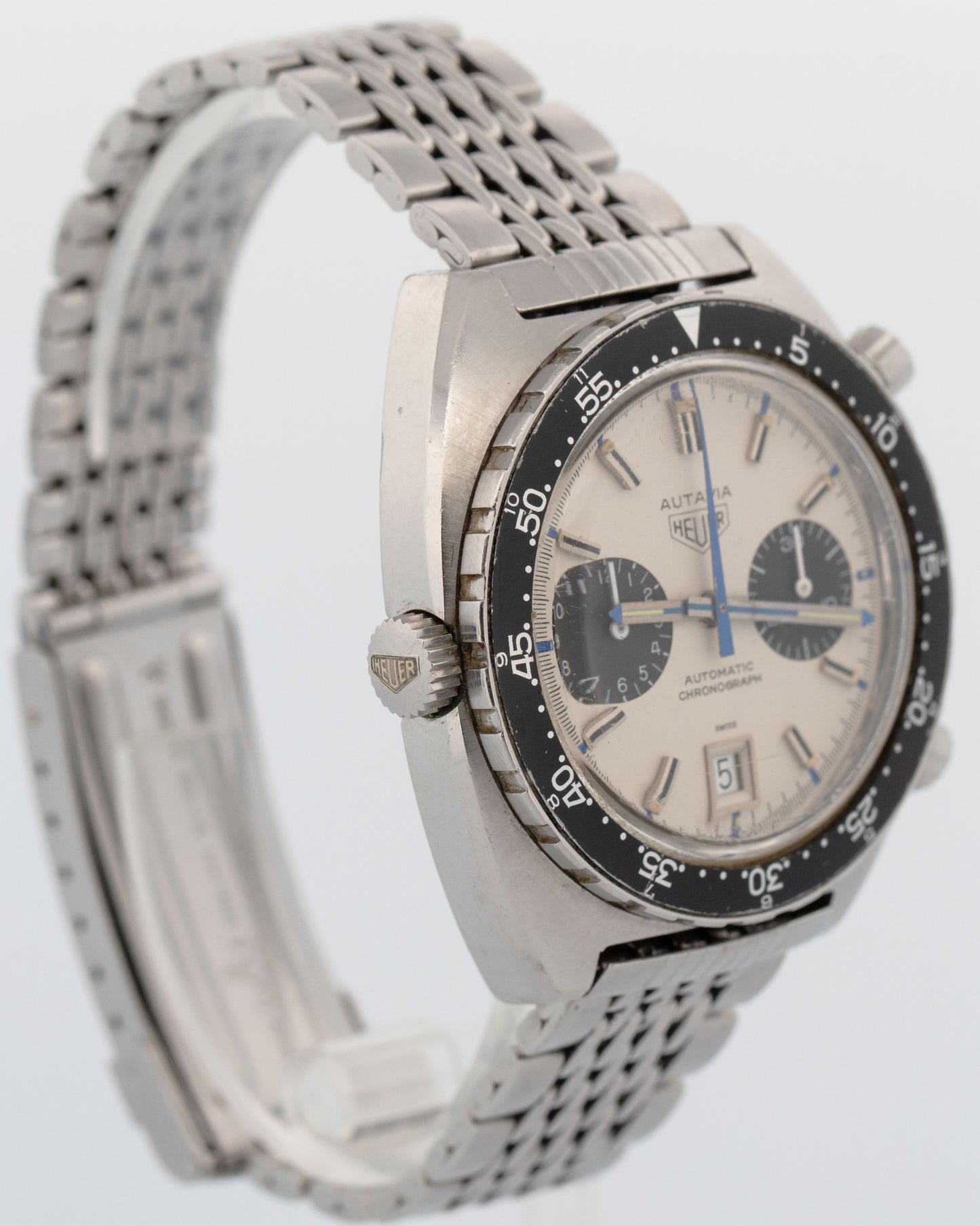 RARE 1971 Vintage Heuer Autavia Jo Siffert White Chronograph 42mm Steel 1163 B+P