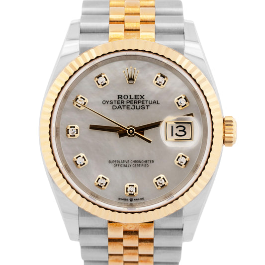 PAPERS Rolex DateJust 36mm MOP DIAMOND Jubilee Two-Tone Fluted Watch 126233 BOX