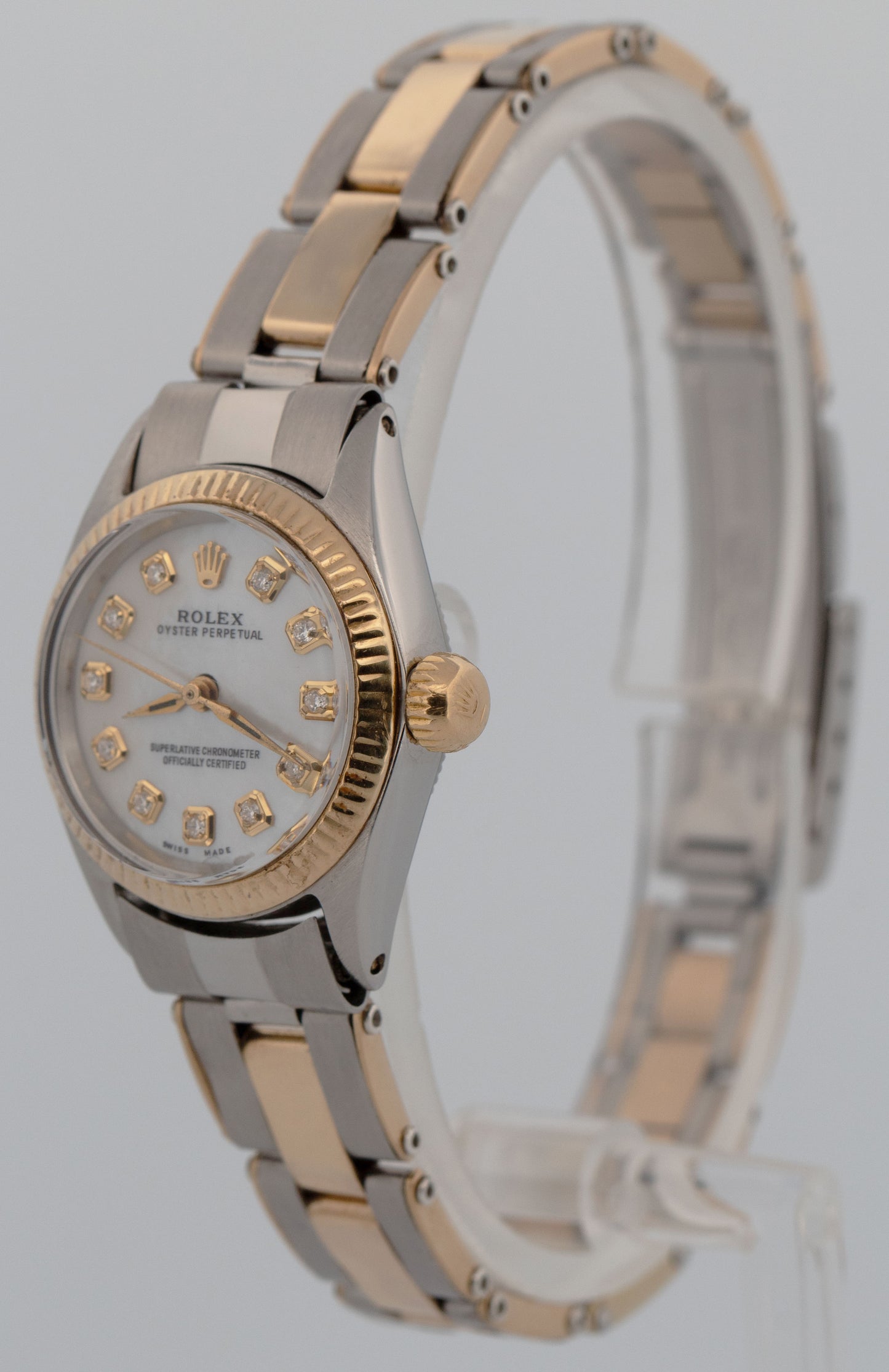 Ladies Rolex Oyster Perpetual 26mm Mother of Pearl Diamond Fluted Gold 6619 BOX