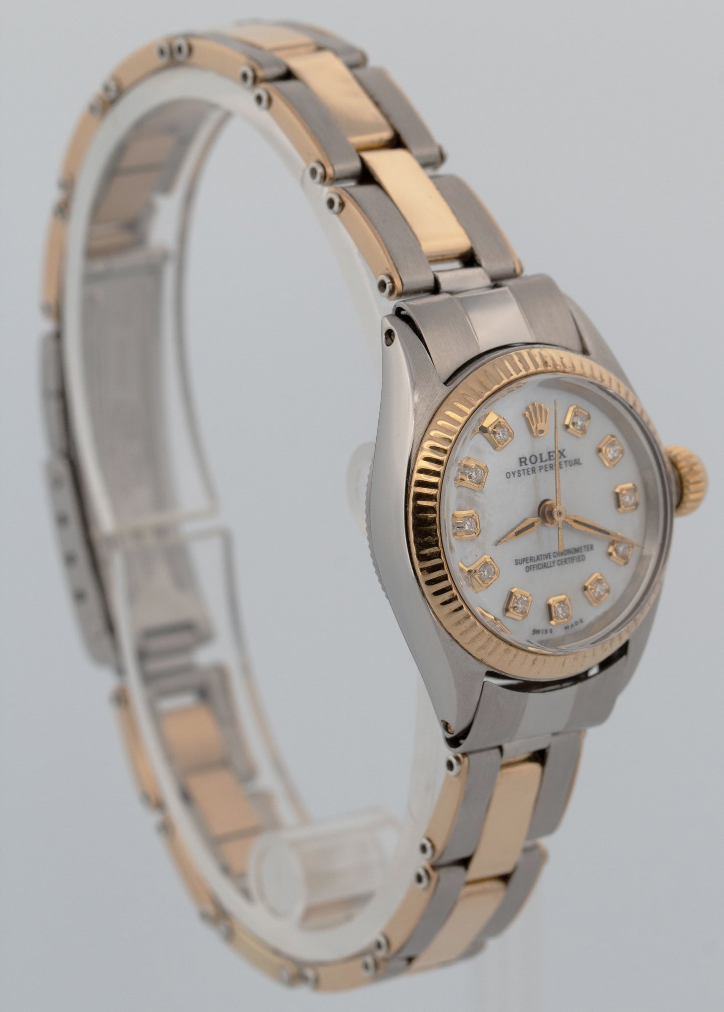 Ladies Rolex Oyster Perpetual 26mm Mother of Pearl Diamond Fluted Gold 6619 BOX