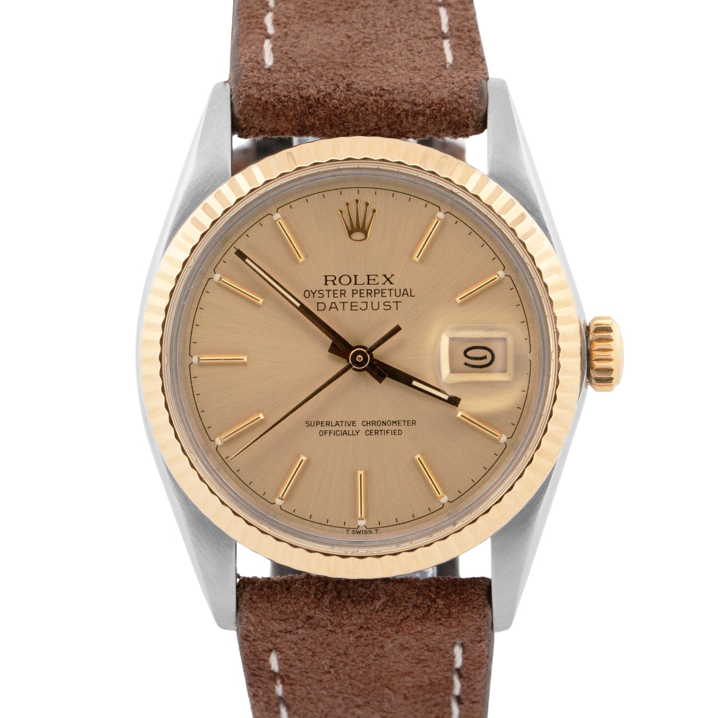 Rolex DateJust 36mm Two-Tone Steel Yellow Gold Champagne Leather 16013 Watch