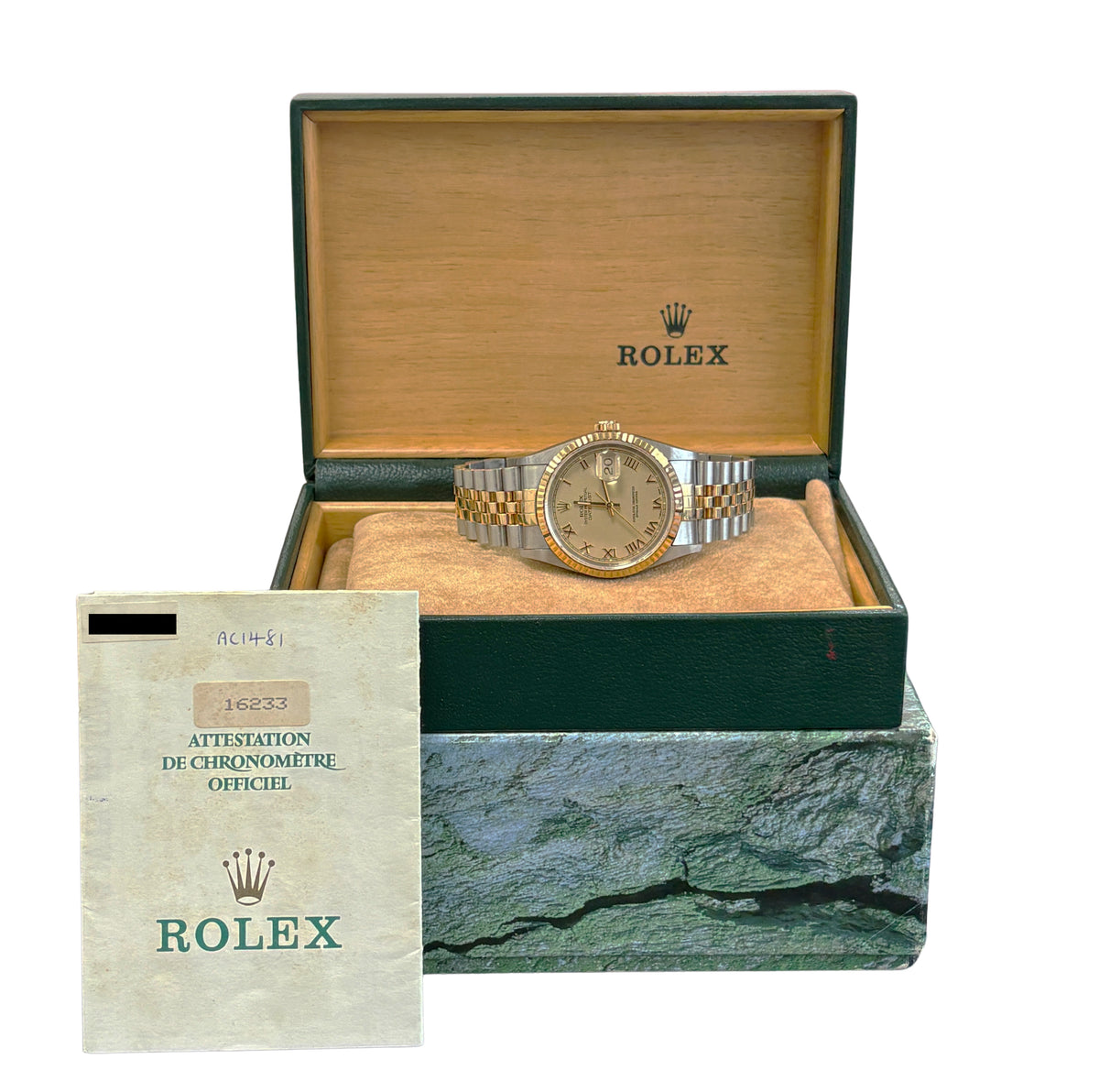 1993 Rolex DateJust 16233 Champagne Two-Tone Yellow Gold 36mm Watch Box Papers