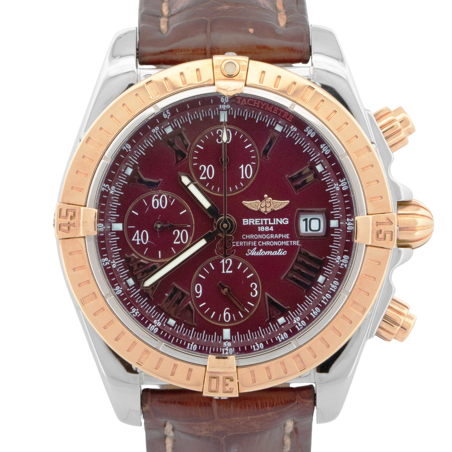 Breitling Chronomat Evolution 43mm Burgundy Red Rose Gold Two-Tone Watch C13356