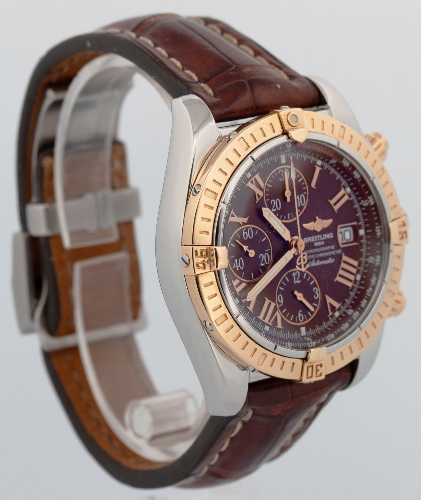 Breitling Chronomat Evolution 43mm Burgundy Red Rose Gold Two-Tone Watch C13356