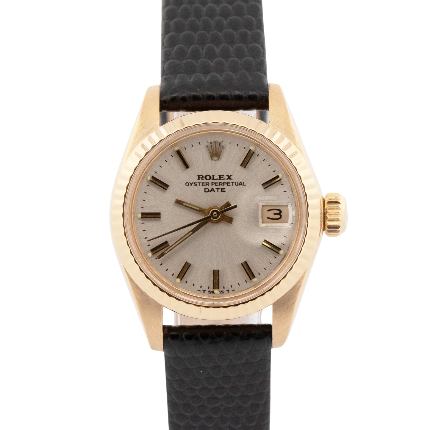 Ladies Rolex Oyster Perpetual Date 26mm 18K Yellow Gold Fluted Silver 6917 Watch