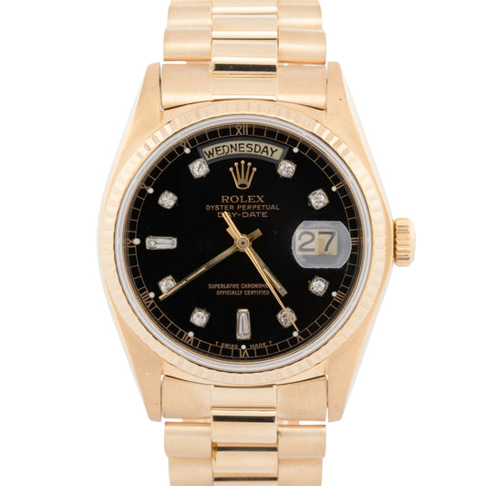 Rolex Day-Date President Black DIAMOND 36mm 18K Yellow Gold Fluted Watch 18038