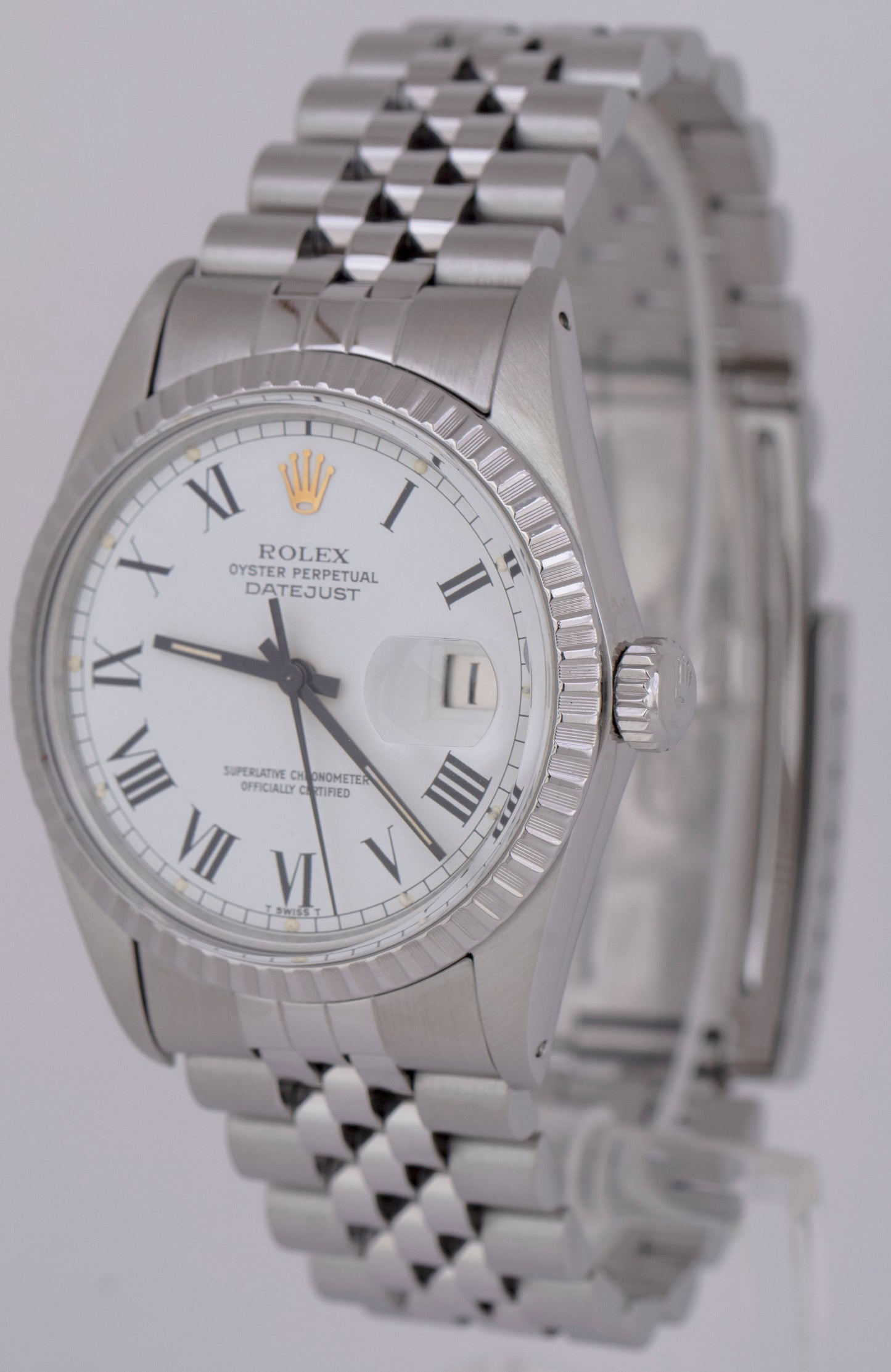 MINT Rolex DateJust 36mm Buckley White Roman Jubilee Stainless Steel Watch 16030