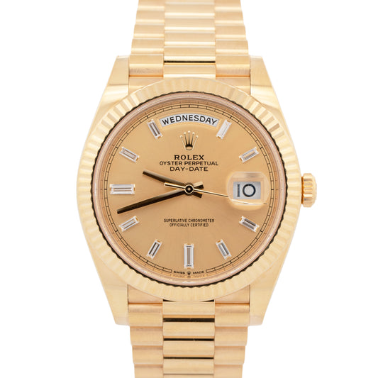 2022 PAPERS Rolex Day-Date President 40mm CHAMPAGNE BAGUETTE DIAMOND 228238 BOX