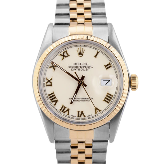 Rolex DateJust 36mm Ivory Roman Fluted Two-Tone 18K Yellow Gold JUBILEE 16013