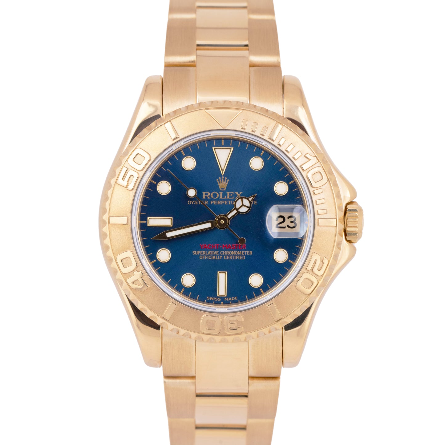 MINT Rolex Yacht-Master Blue 18K Yellow Gold Mid-Size 35mm 168628 Date Watch