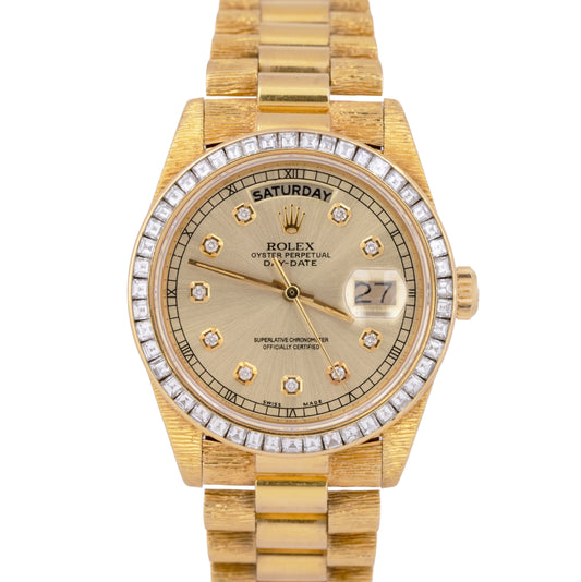 Rolex Day-Date President 36mm 18038 Quickset 18K Yellow Gold Bark Diamond Watch