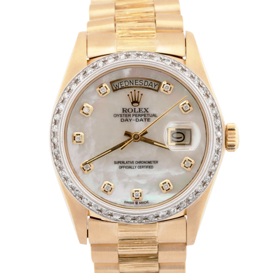 Rolex Day-Date President MOTHER OF PEARL Diamond Bark 36mm 18K Gold Watch 18038