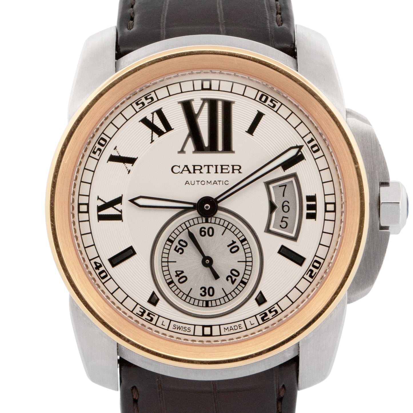 Cartier Calibre Two-Tone Rose Gold 42mm White 3299 W7100011 Leather Date Watch