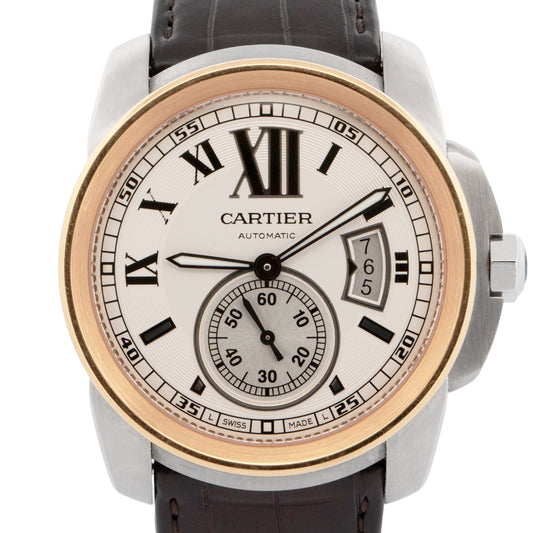 Cartier Calibre Two-Tone Rose Gold 42mm White 3299 W7100011 Leather Date Watch