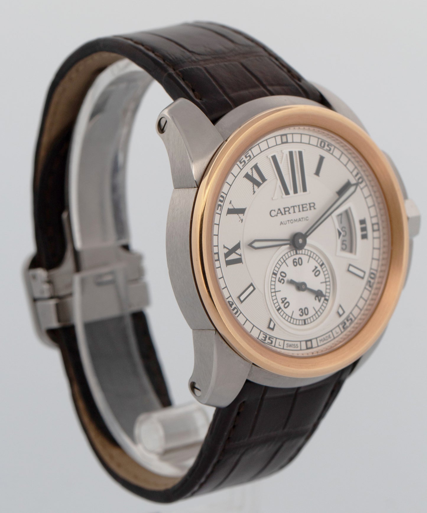 Cartier Calibre Two-Tone Rose Gold 42mm White 3299 W7100011 Leather Date Watch