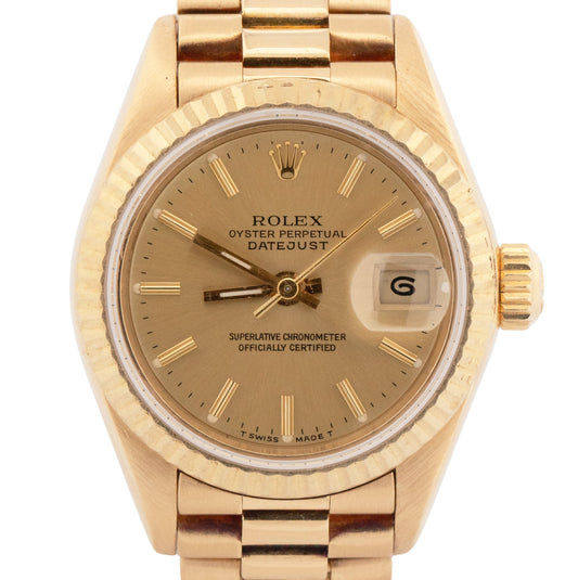 PAPERS Ladies Rolex DateJust President 26mm Champagne 18K Fluted 69178 Watch BOX