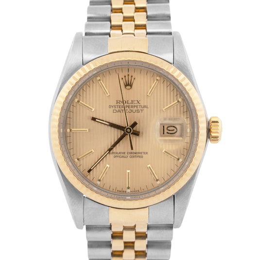 1985 Rolex DateJust 36mm Champagne Tapestry Jubilee Gold Two-Tone Watch 16013