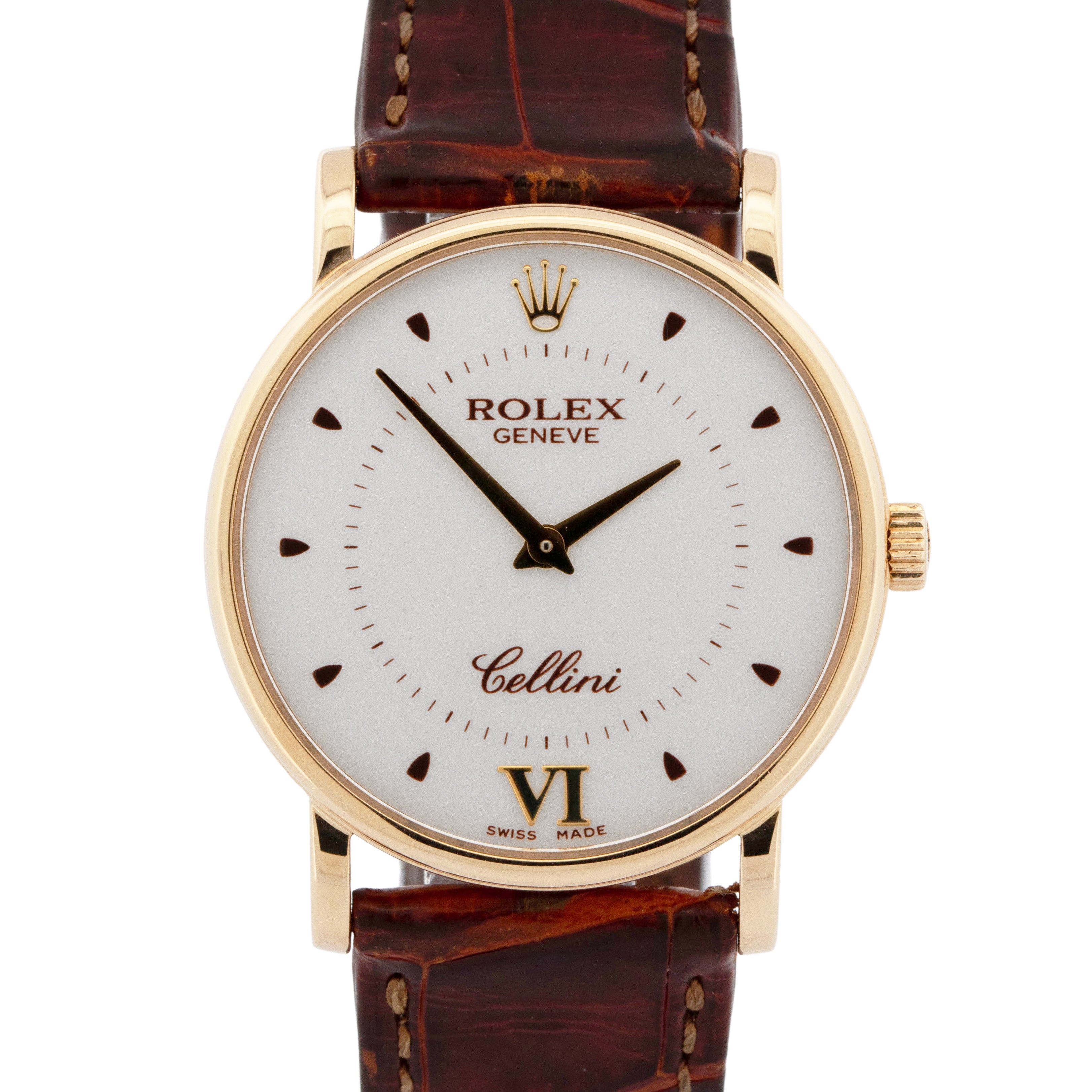 Rolex Cellini 18K Yellow Gold 32mm White Roman Manual Wind Leather