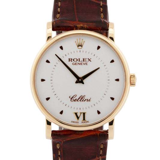 Rolex Cellini 18K Yellow Gold 32mm White Roman Manual Leather 5115/8 Watch