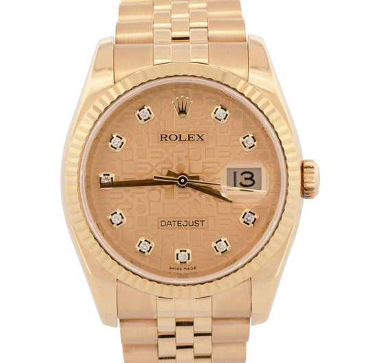 PAPERS Rolex DateJust 36mm CHAMPAGNE JUBILEE DIAMOND 18K Gold 116238 Watch BOX