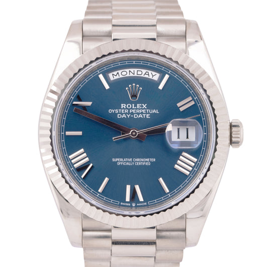 MINT PAPERS Rolex Day-Date President 40mm BLUE ROMAN 18K White Gold 228239 BOX