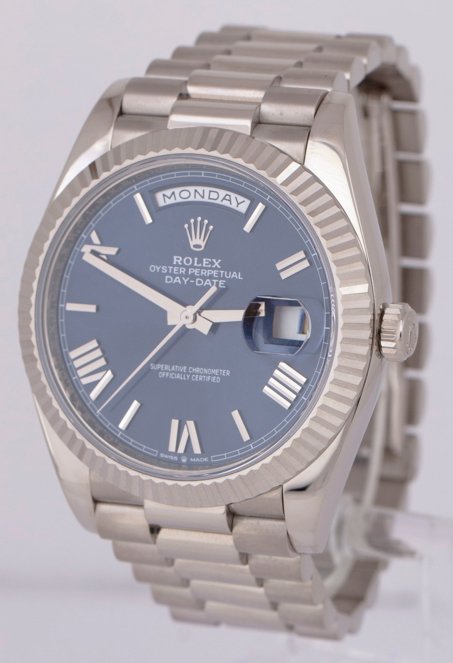 MINT PAPERS Rolex Day-Date President 40mm BLUE ROMAN 18K White Gold 228239 BOX