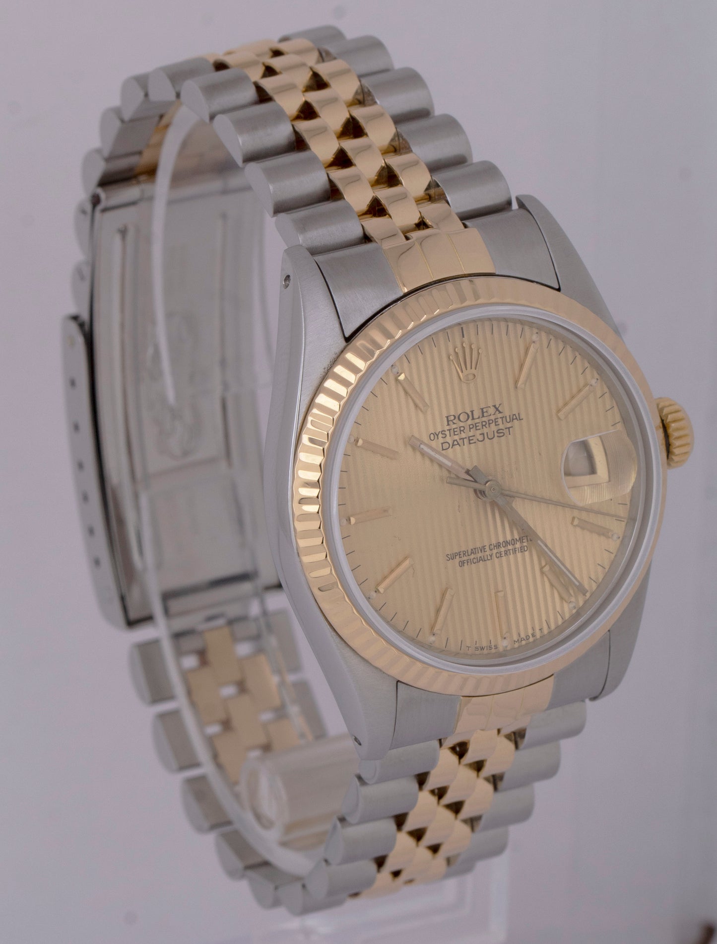 MINT 1988 Rolex DateJust 36mm Champagne Tapestry 18K Gold Two-Tone Watch 16013