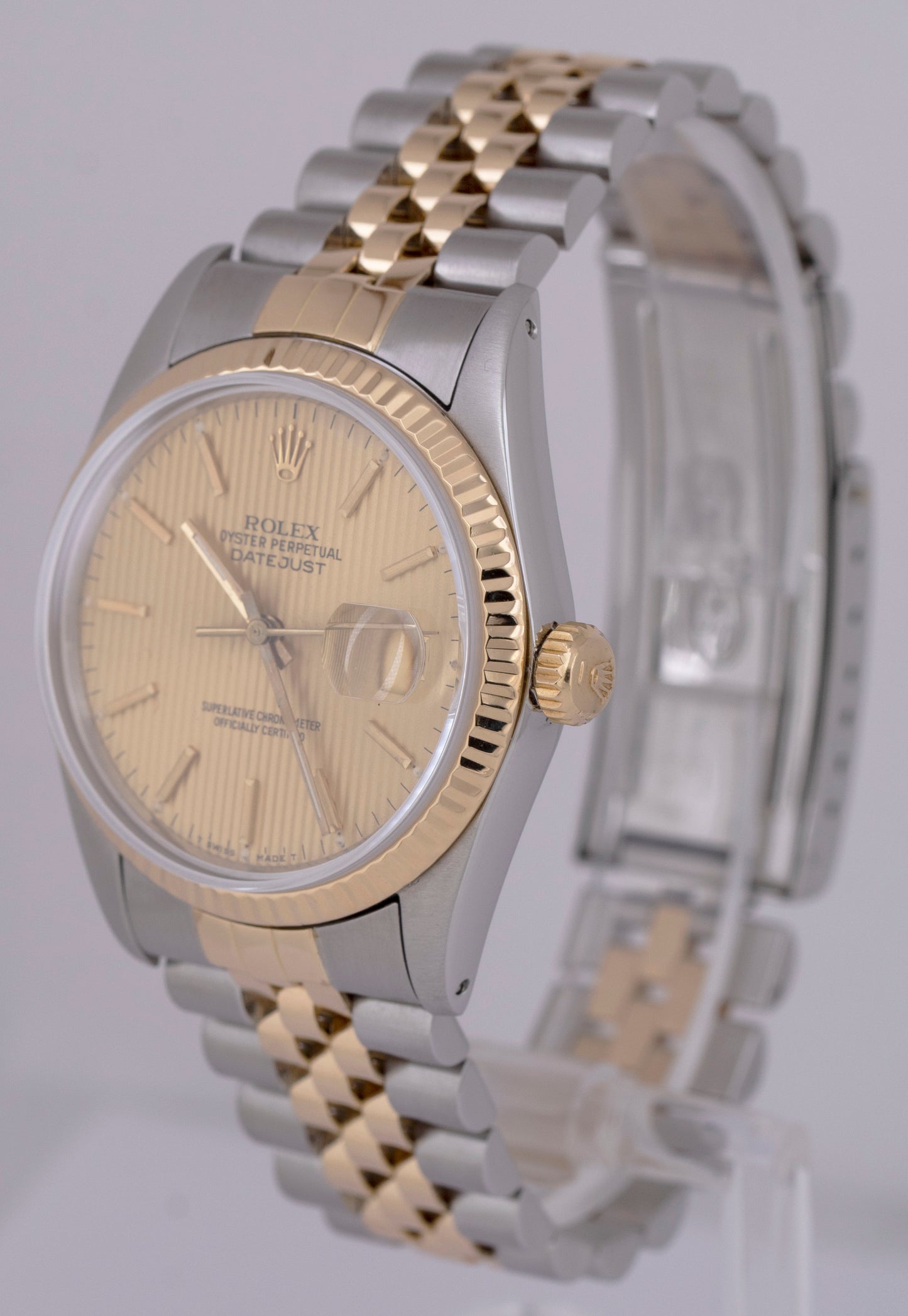 MINT 1988 Rolex DateJust 36mm Champagne Tapestry 18K Gold Two-Tone Watch 16013