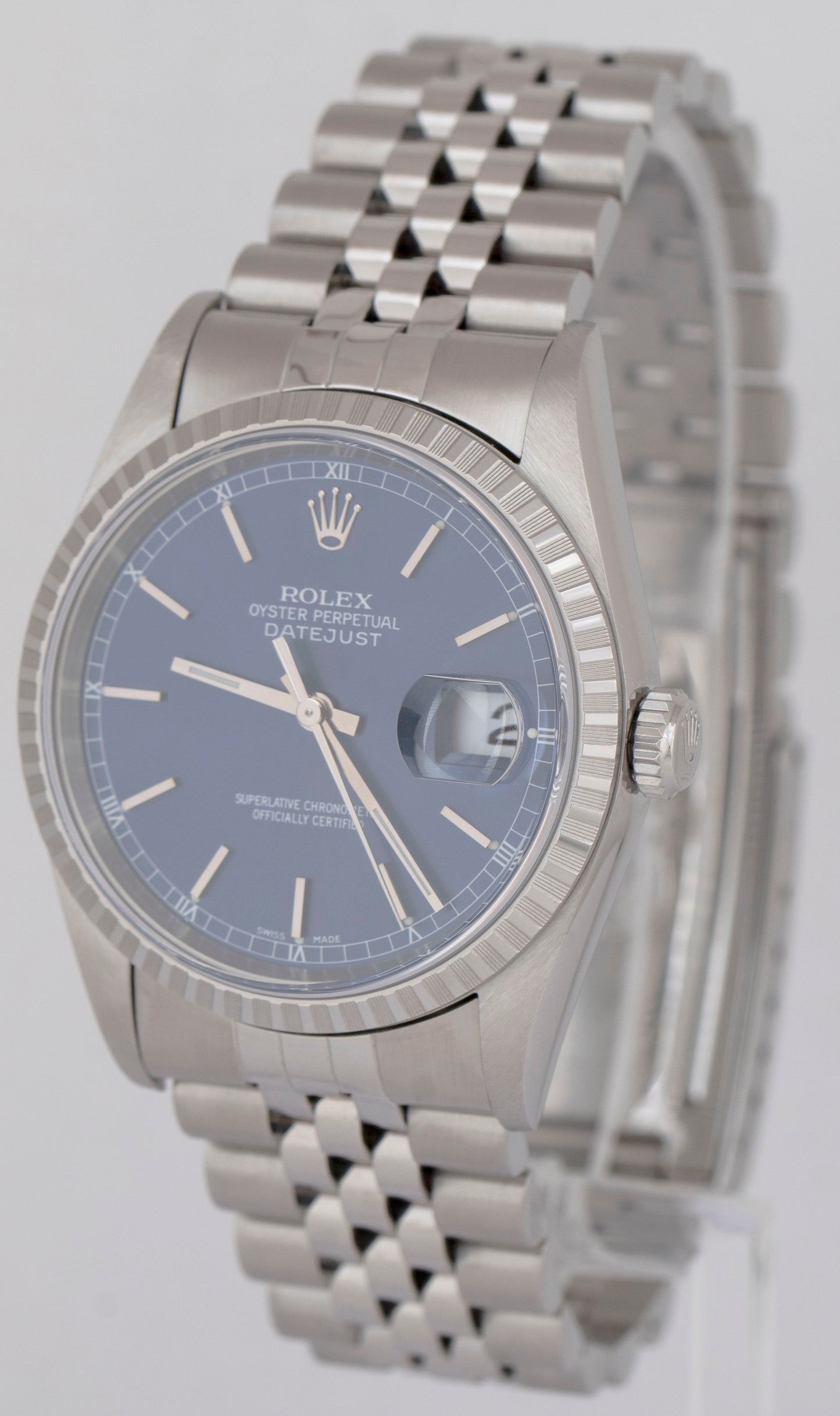 2019 NOS PAPERS Rolex DateJust 36 BLUE NO-HOLES Jubilee Engine Turned 16220 BOX